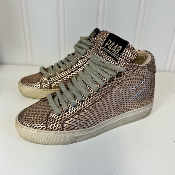 P448 Shoes - P448 Women's Bronze/ Rose Gold High-Top Sneakers Size 35
